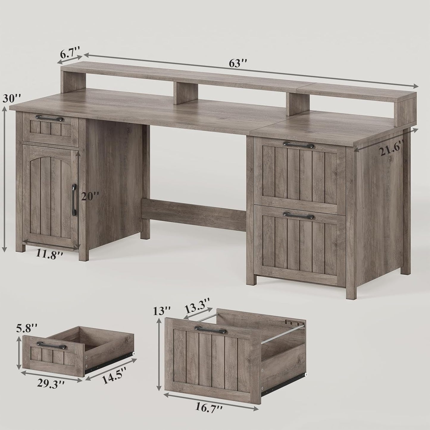 Bureau de direction style farmhouse, bureau de travail à domicile, avec tiroir à dossiers, support pour écran et prise de courant.