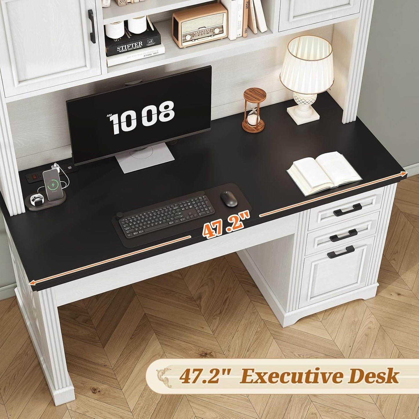 Bureau de direction style farmhouse, bureau de travail à domicile, avec tiroir à dossiers, support pour écran et prise de courant.
