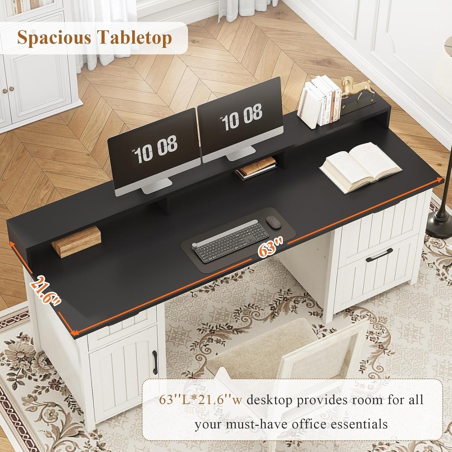 Bureau de direction style farmhouse, bureau de travail à domicile, avec tiroir à dossiers, support pour écran et prise de courant.
