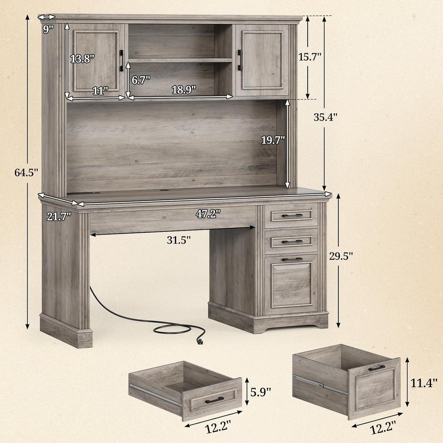 Bureau de direction style farmhouse, bureau de travail à domicile, avec tiroir à dossiers, support pour écran et prise de courant.