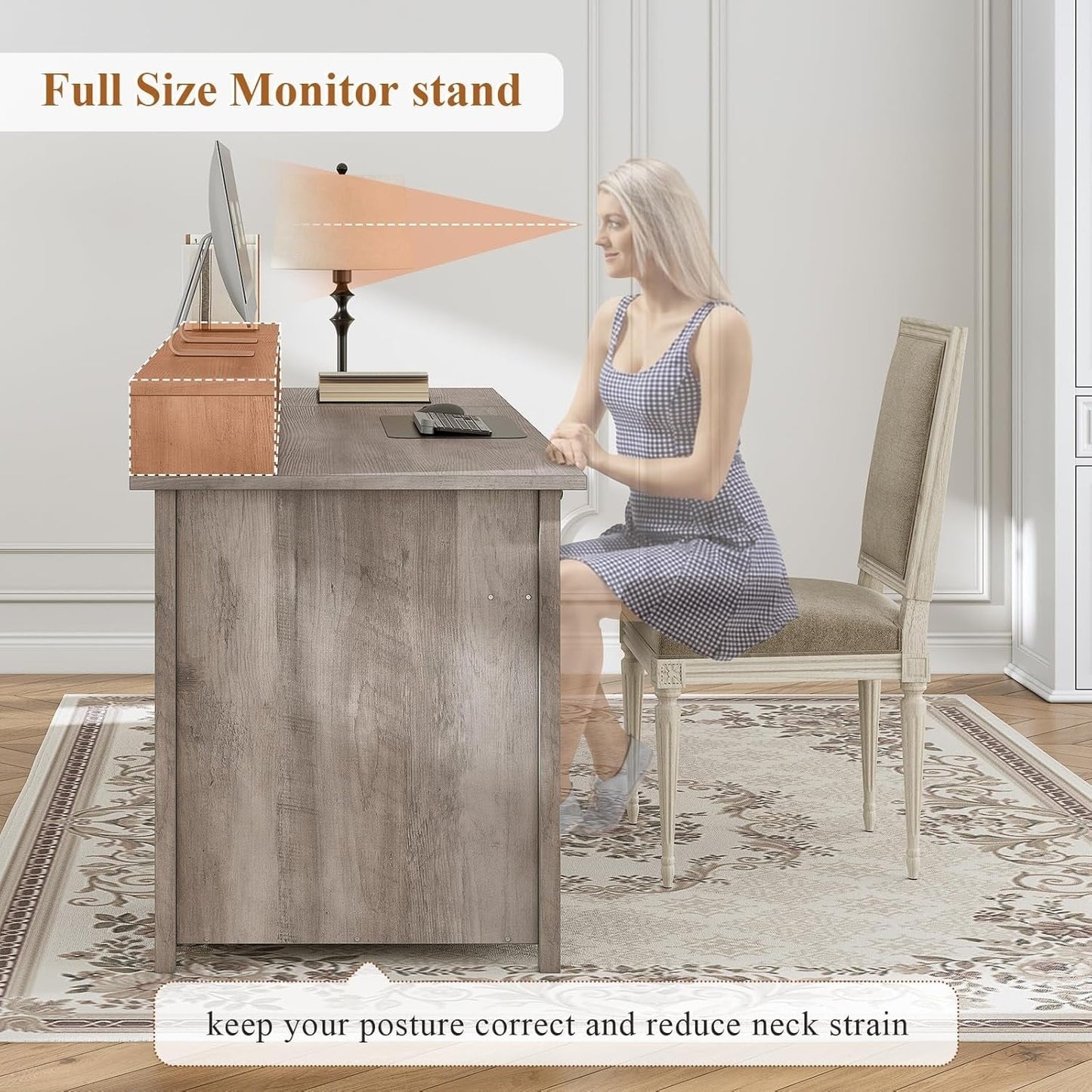 Bureau de direction style farmhouse, bureau de travail à domicile, avec tiroir à dossiers, support pour écran et prise de courant.