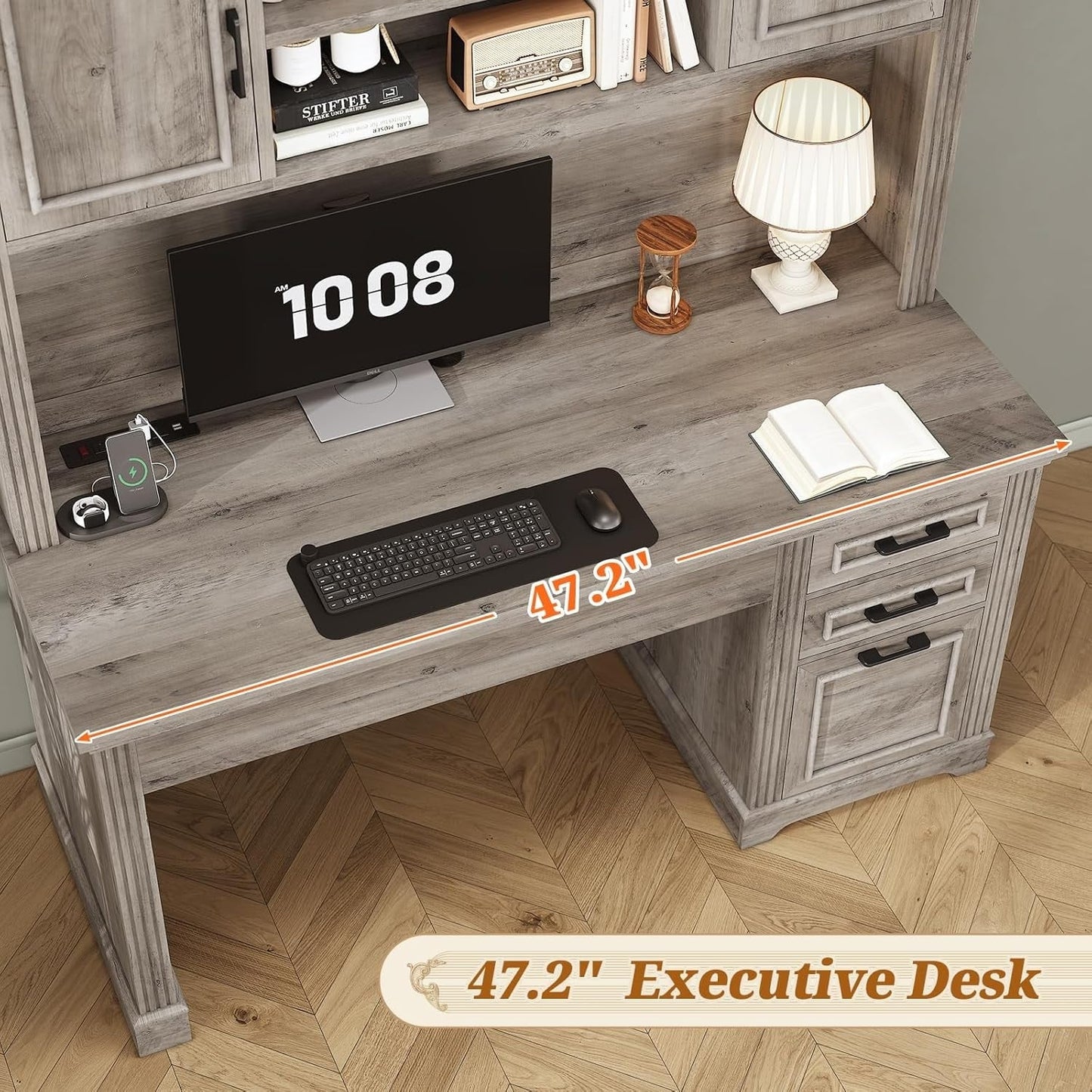 Bureau de direction style farmhouse, bureau de travail à domicile, avec tiroir à dossiers, support pour écran et prise de courant.