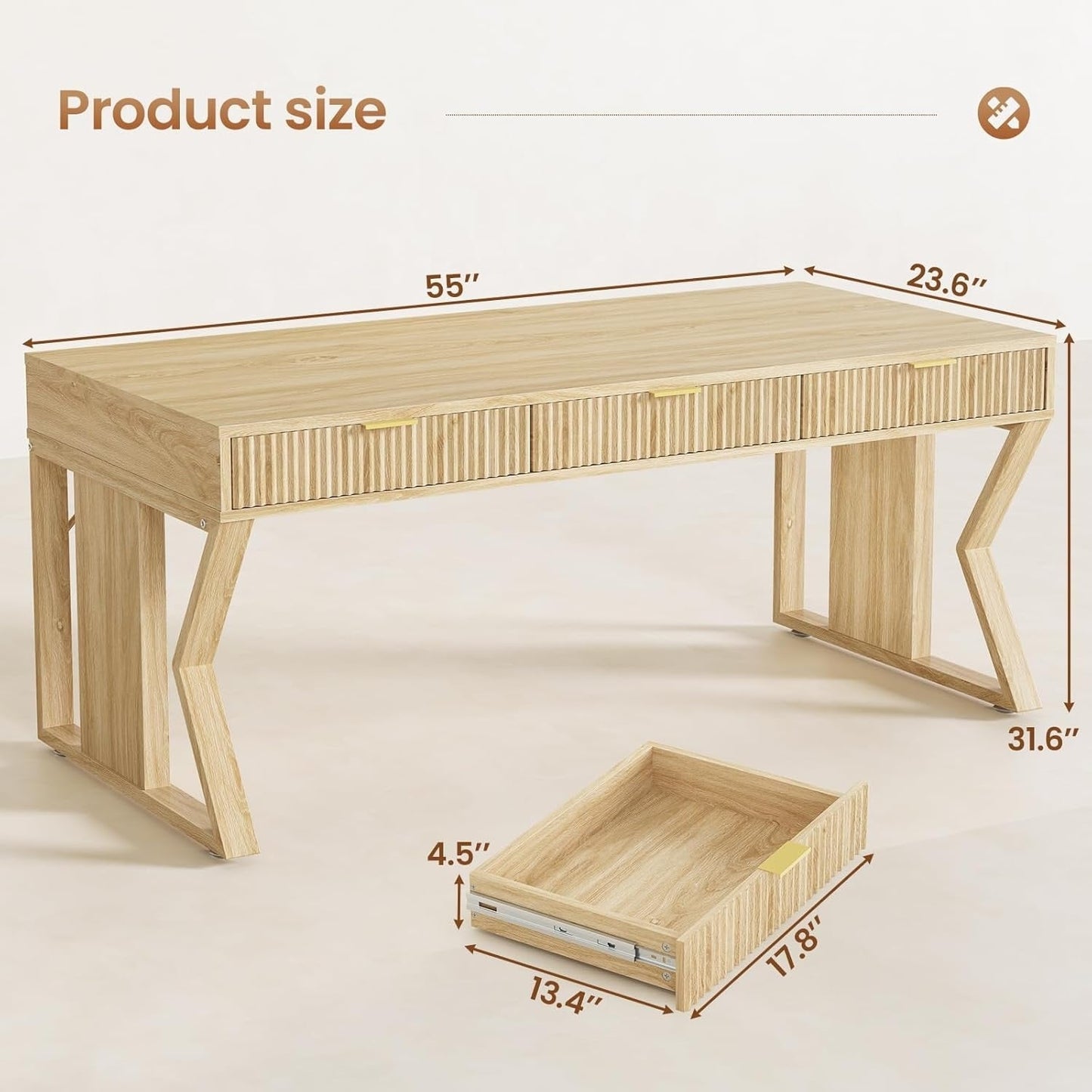 Bureau de direction style farmhouse, bureau de travail à domicile, avec tiroir à dossiers, support pour écran et prise de courant.