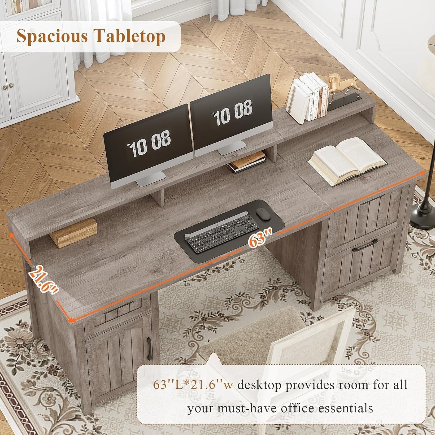 Bureau de direction style farmhouse, bureau de travail à domicile, avec tiroir à dossiers, support pour écran et prise de courant.