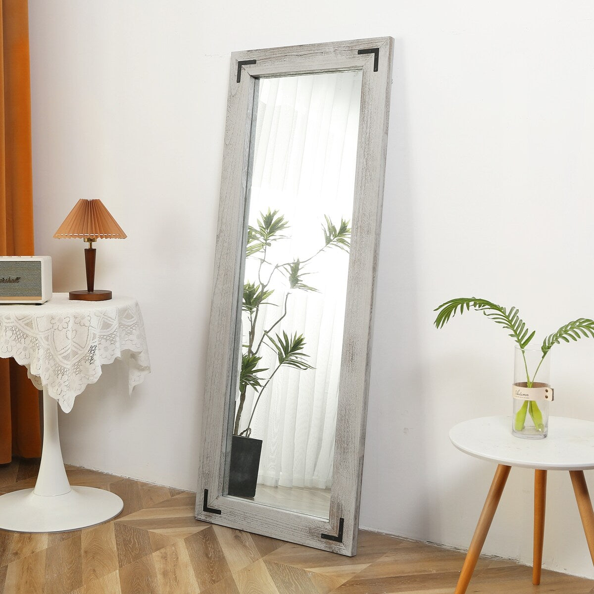 Grand miroir mural en bois à cadre rustique style farmhouse - 65x24