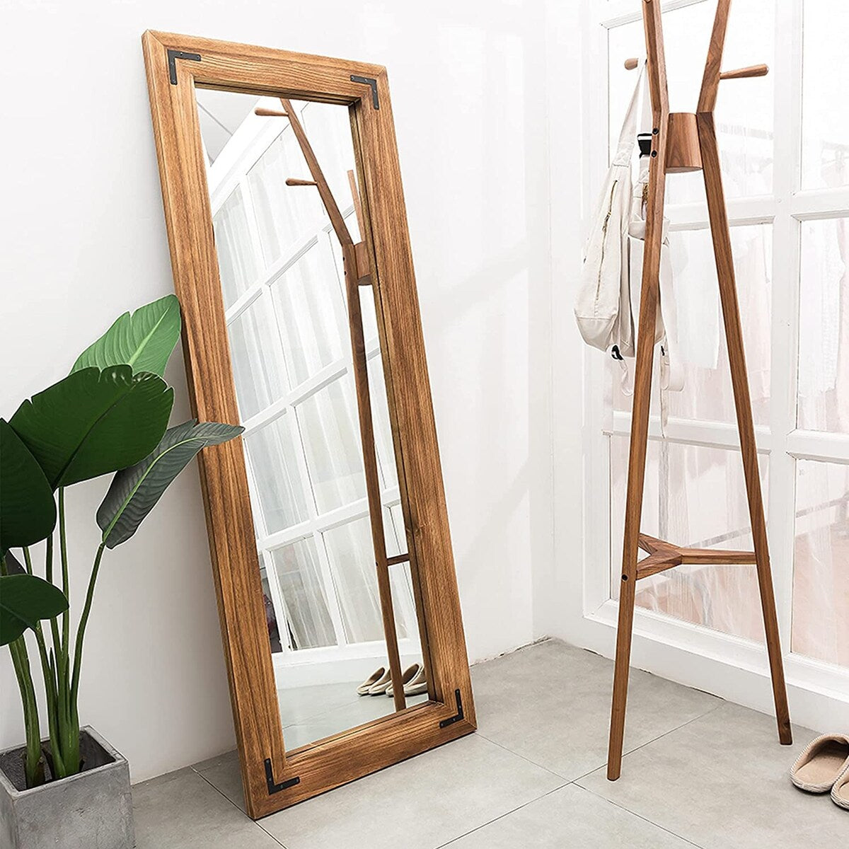 Grand miroir mural en bois à cadre rustique style farmhouse - 65x24