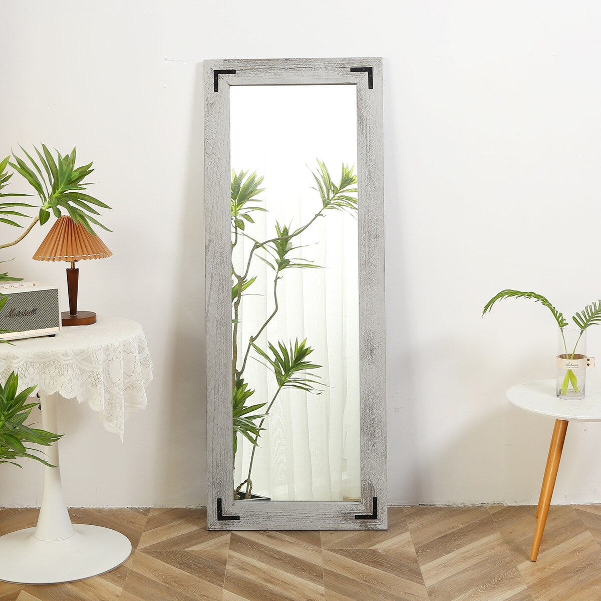 Grand miroir mural en bois à cadre rustique style farmhouse - 65x24