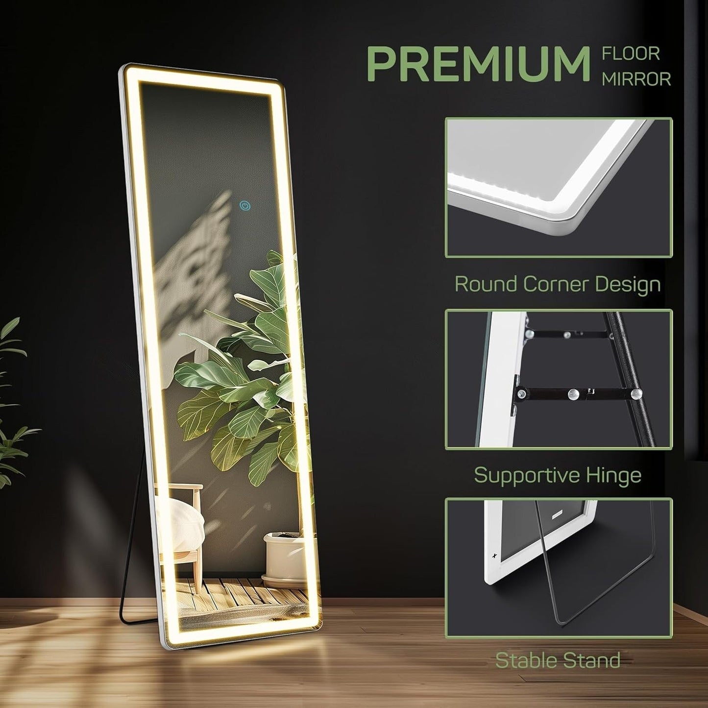 Grand miroir de sol avec éclairage LED, miroir pleine longueur 64 x 21 pouces avec support, miroir mural suspendu, miroir corporel entier.