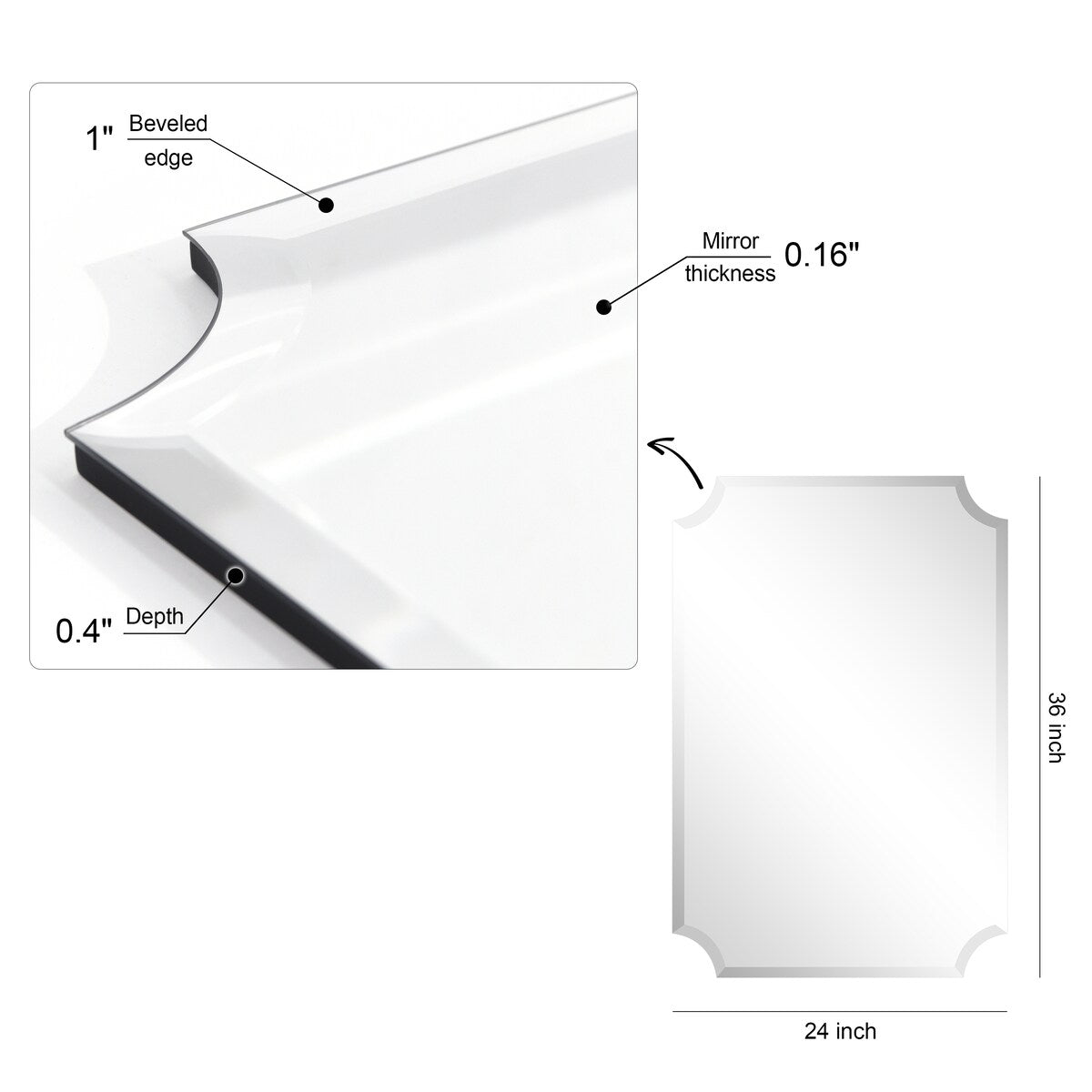 Miroir mural rectangulaire sans cadre, à bords évasés et biseautés, pour salle de bain, meuble-lavabo, chambre à coucher, avec un biseau sur le bord - Transparent