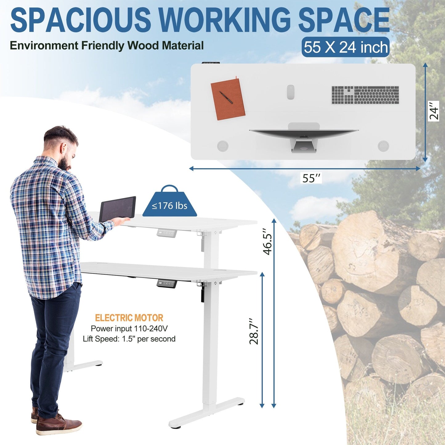 Bureau debout électrique à hauteur réglable Futzca, bureau informatique avec plateau de travail assemblé.