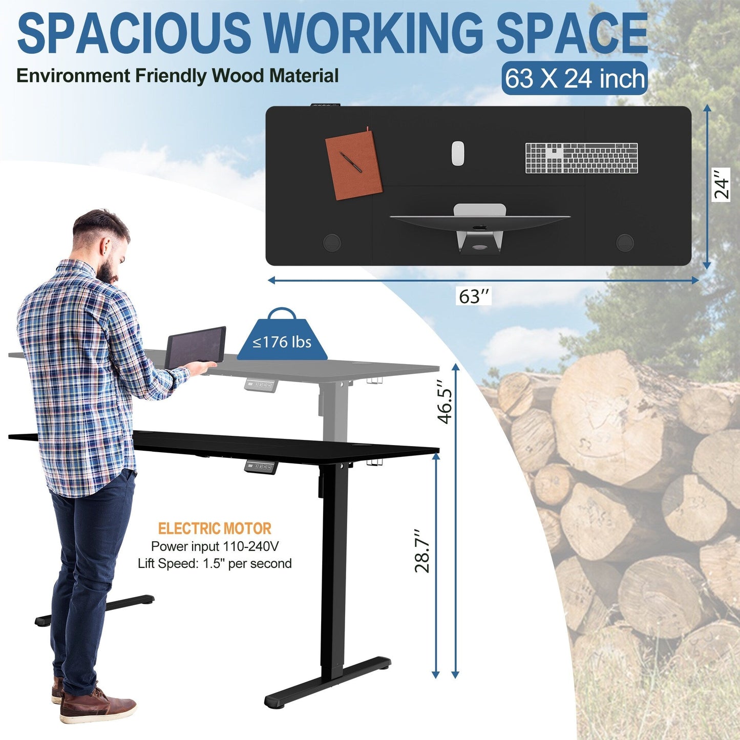 Bureau debout électrique à hauteur réglable Futzca, bureau informatique avec plateau de travail assemblé.