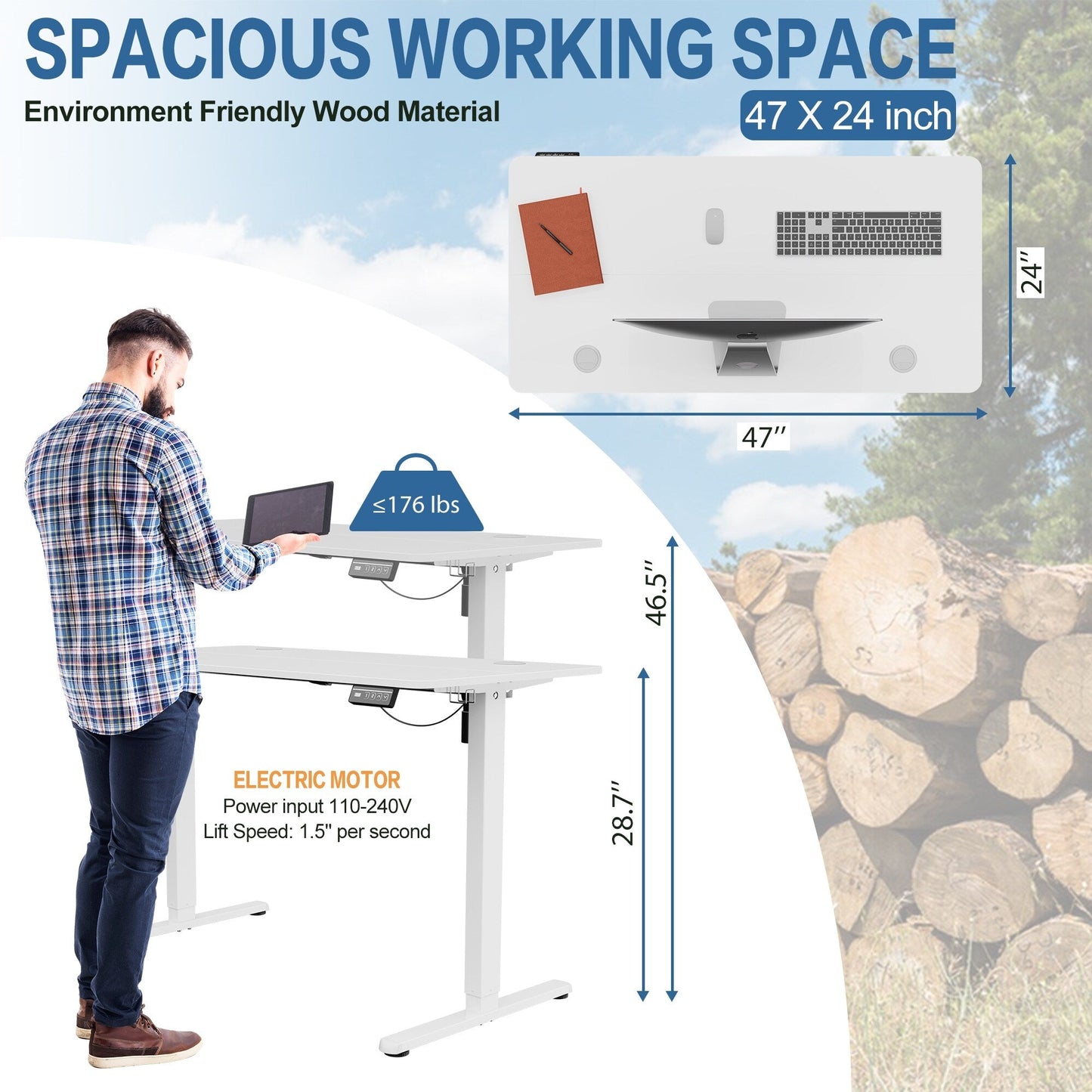 Bureau debout électrique à hauteur réglable Futzca, bureau informatique avec plateau de travail assemblé.