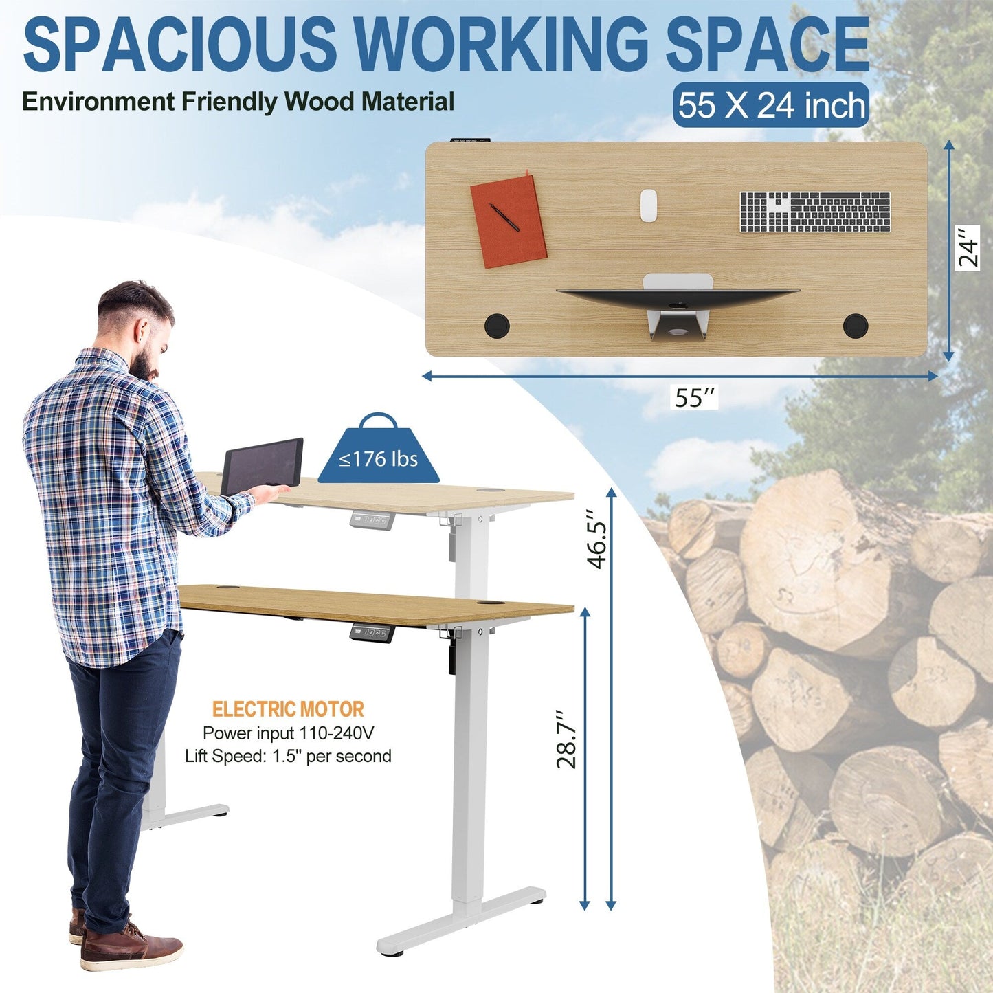 Bureau debout électrique à hauteur réglable Futzca, bureau informatique avec plateau de travail assemblé.