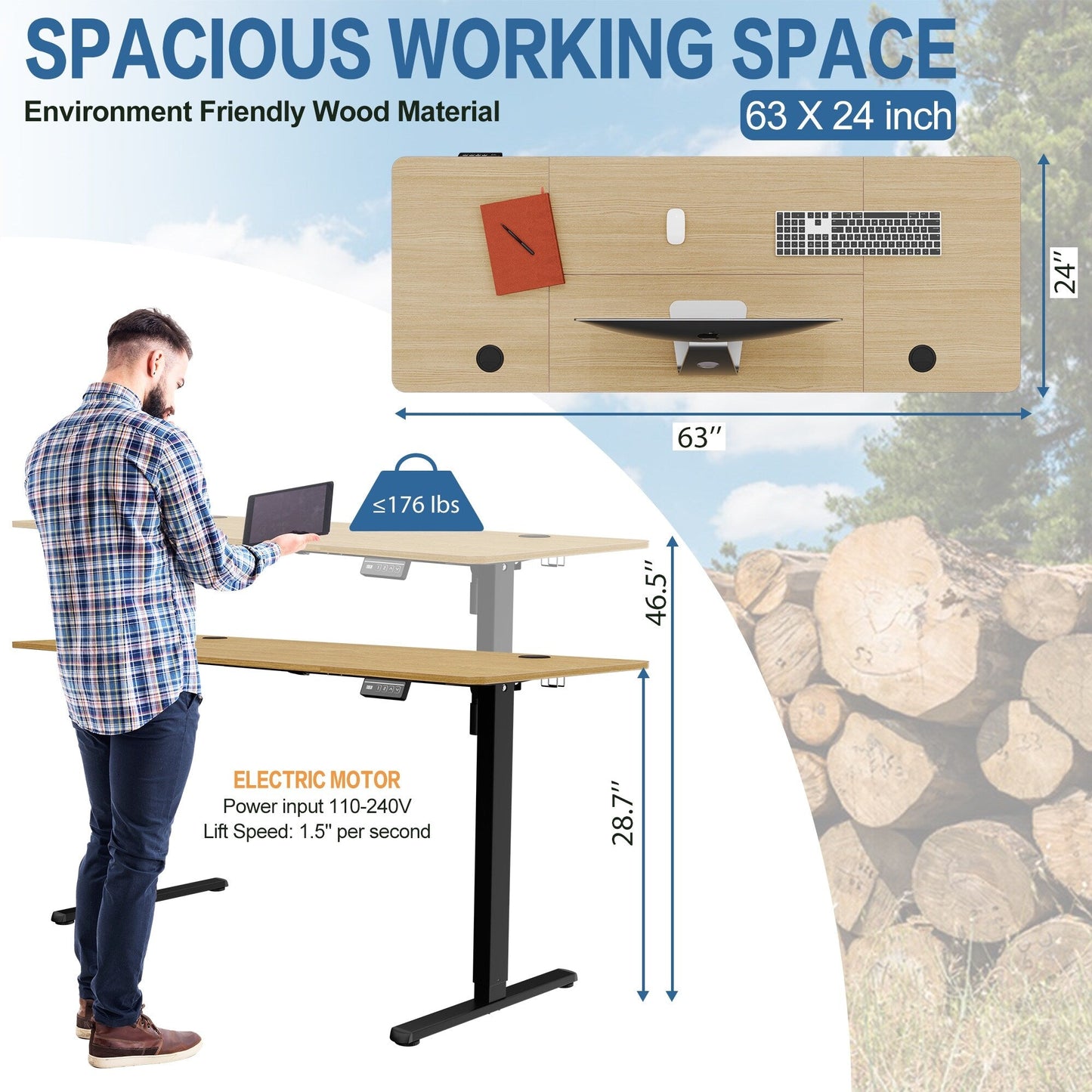 Bureau debout électrique à hauteur réglable Futzca, bureau informatique avec plateau de travail assemblé.