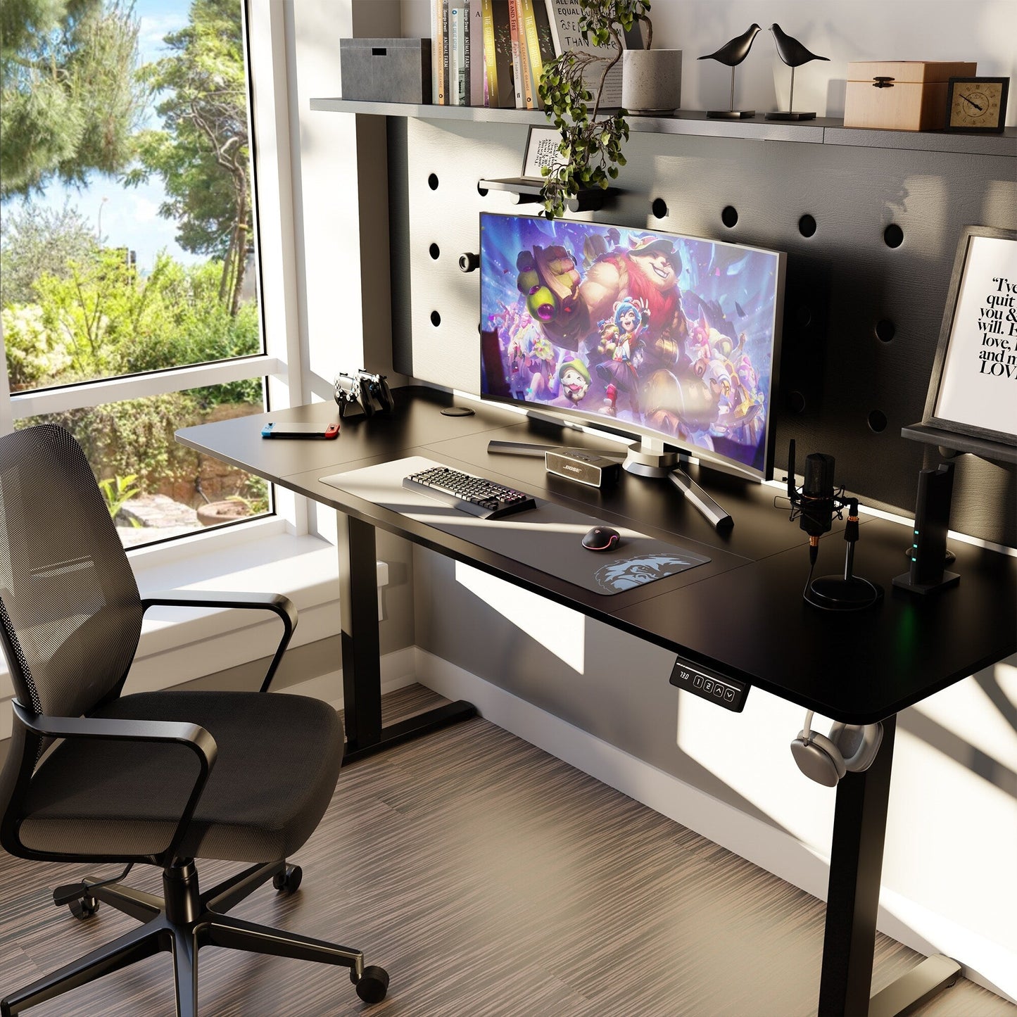Bureau debout électrique à hauteur réglable Futzca, bureau informatique avec plateau de travail assemblé.