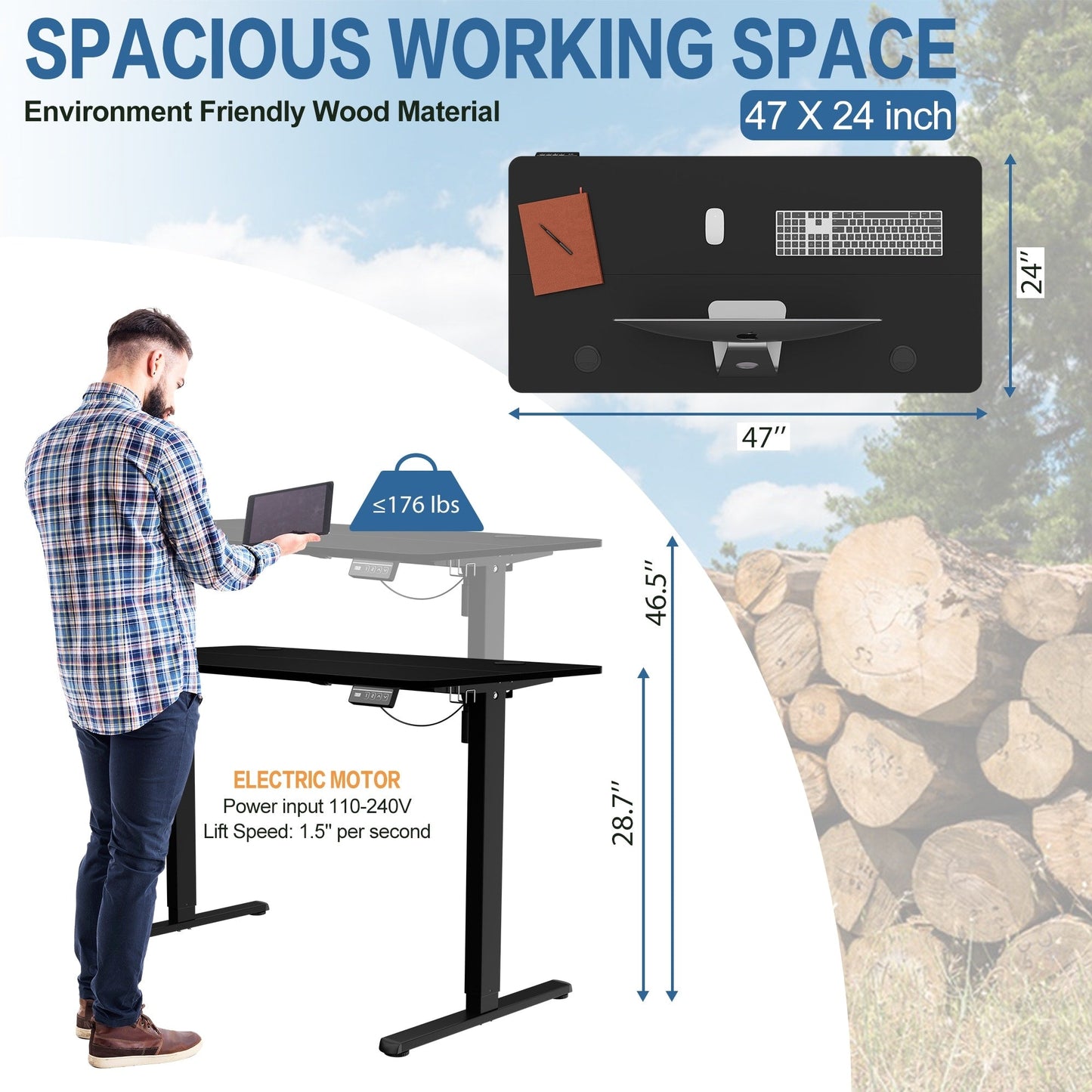 Bureau debout électrique à hauteur réglable Futzca, bureau informatique avec plateau de travail assemblé.