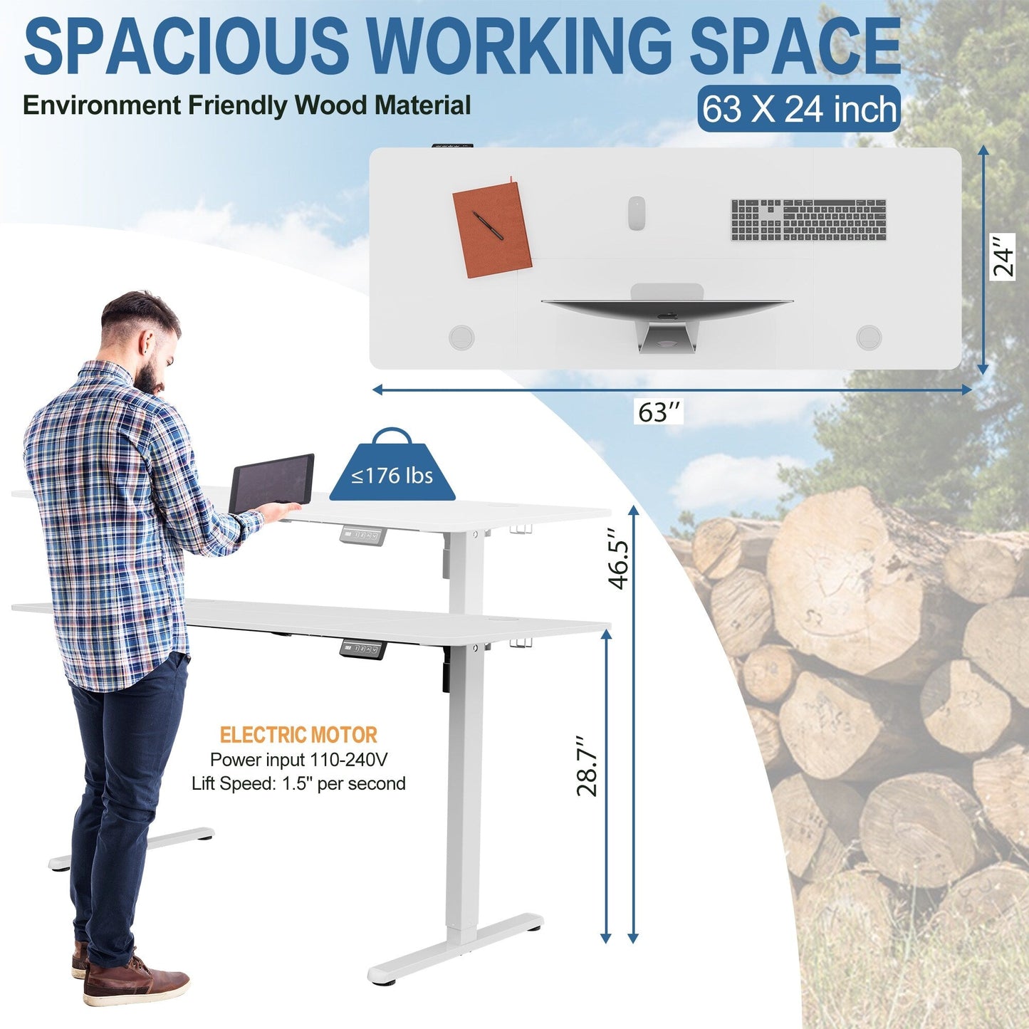 Bureau debout électrique à hauteur réglable Futzca, bureau informatique avec plateau de travail assemblé.