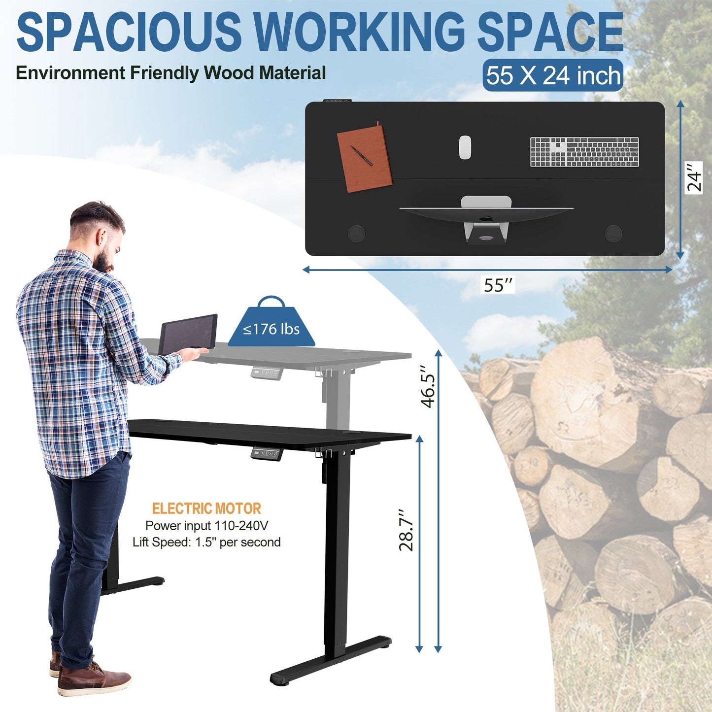 Bureau debout électrique à hauteur réglable Futzca, bureau informatique avec plateau de travail assemblé.