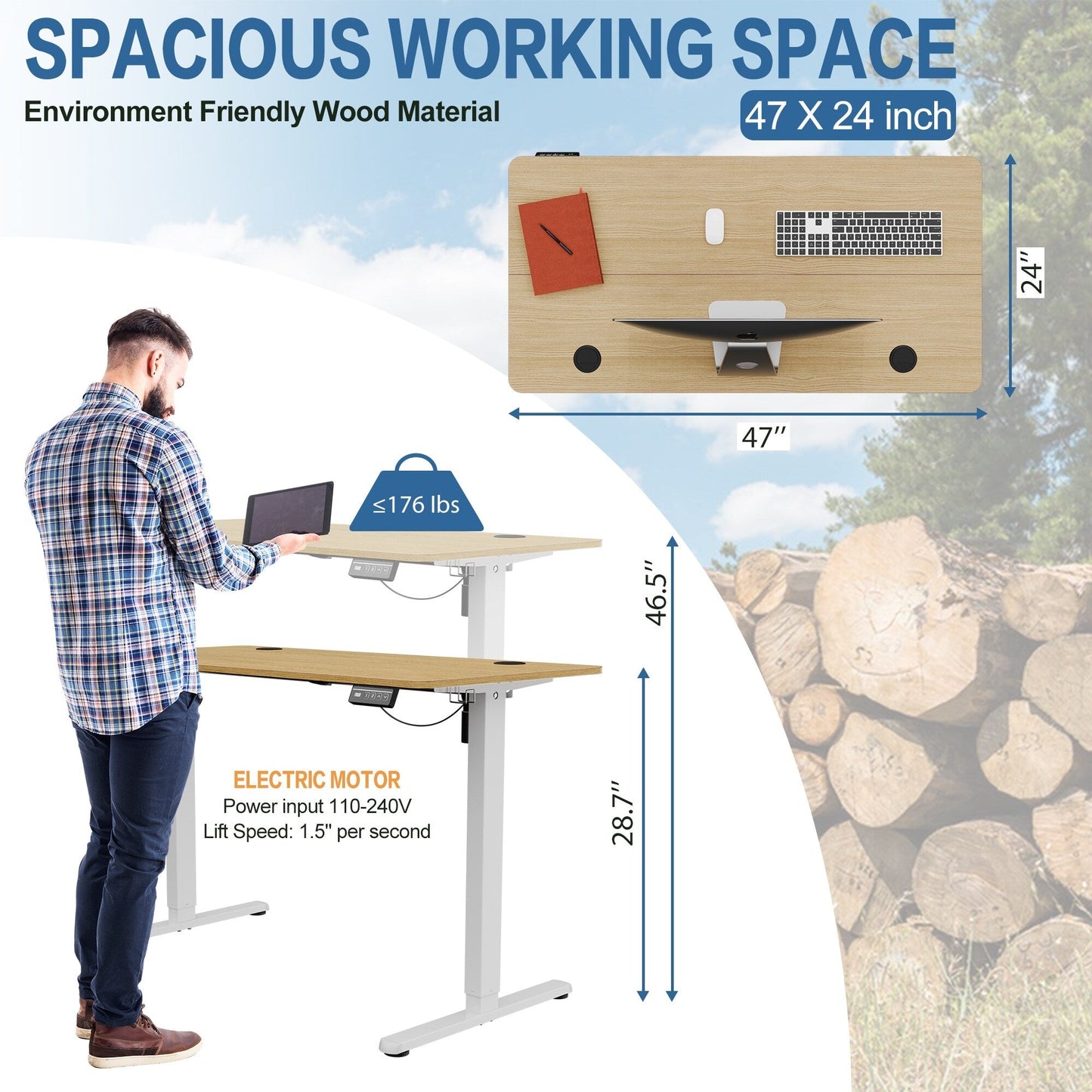 Bureau debout électrique à hauteur réglable Futzca, bureau informatique avec plateau de travail assemblé.