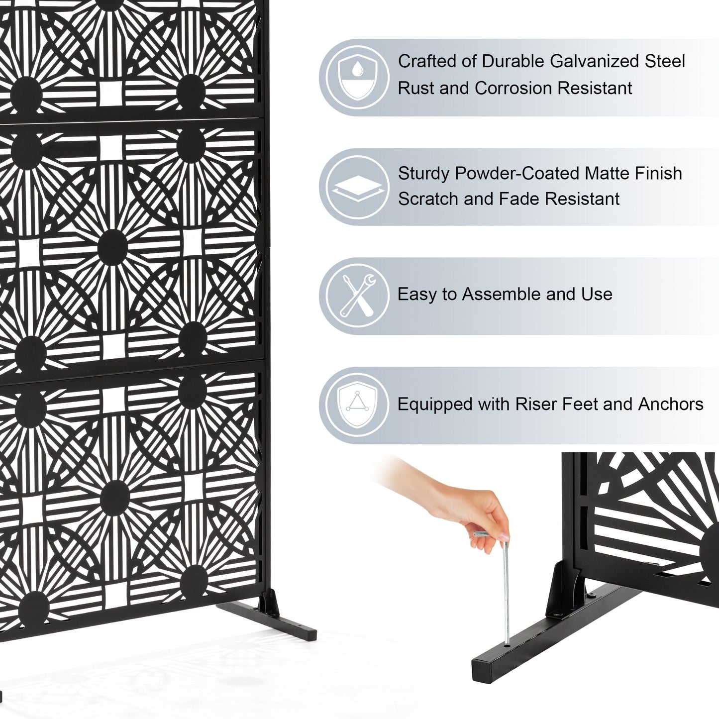 Glitzhome Écran de séparation de pièce, pare-brise à 3 panneaux, motif floral galvanisé, 1,8 m (6 pieds)