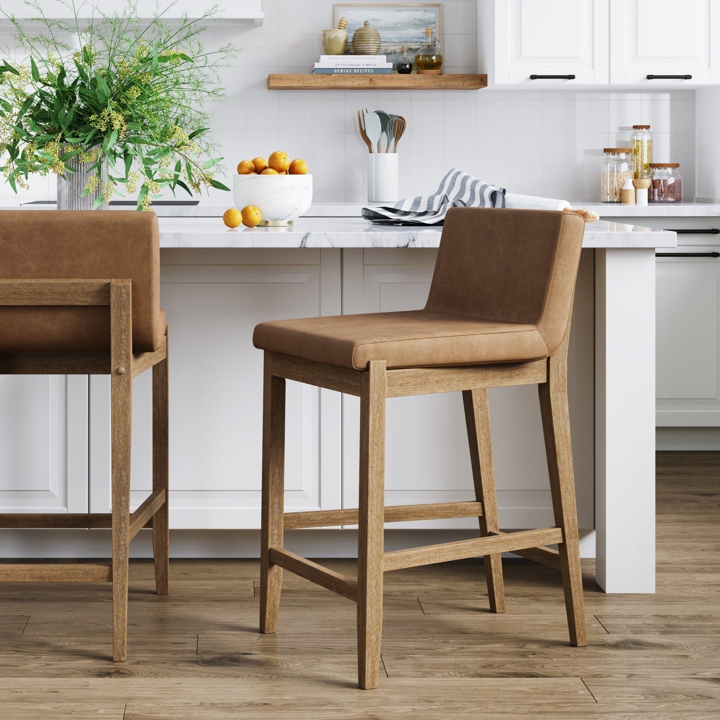 Tabouret de bar moderne Gracie, chaise rembourrée en bouclé et pieds en bois brossé