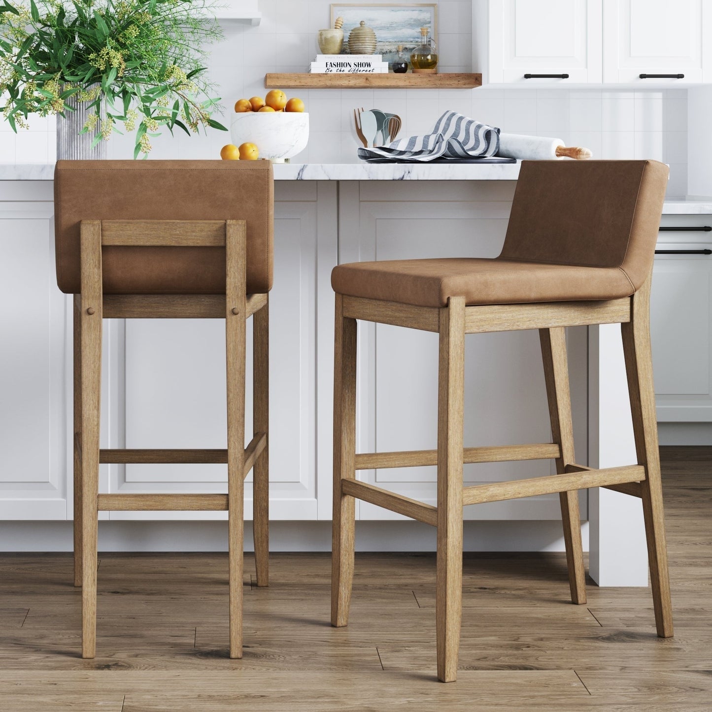 Tabouret de bar moderne Gracie, chaise rembourrée en bouclé et pieds en bois brossé