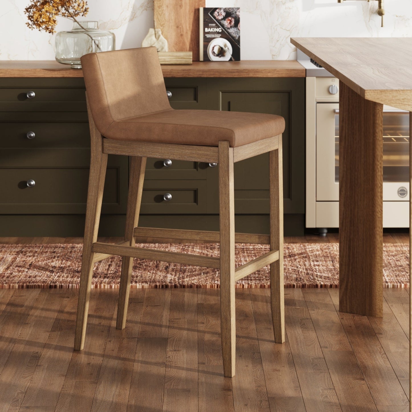 Tabouret de bar moderne Gracie, chaise rembourrée en bouclé et pieds en bois brossé