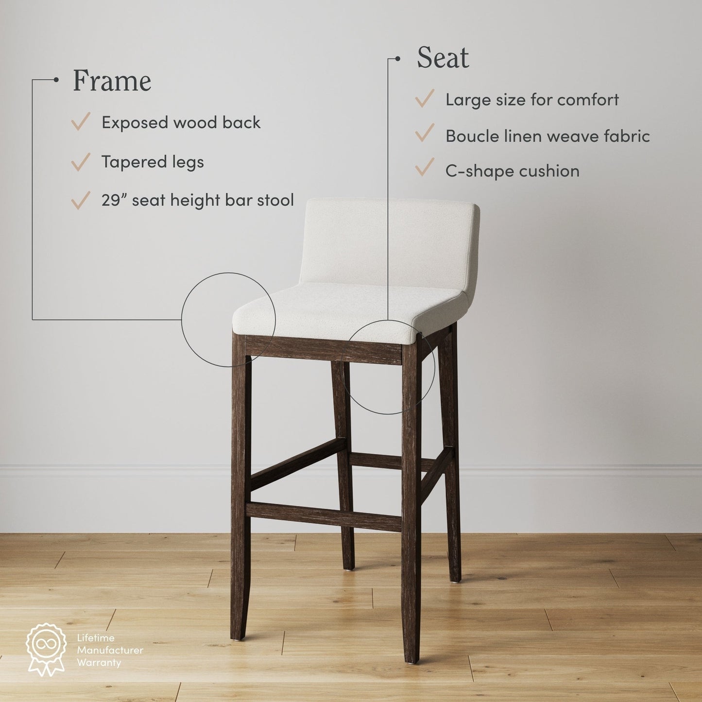 Tabouret de bar moderne Gracie, chaise rembourrée en bouclé et pieds en bois brossé
