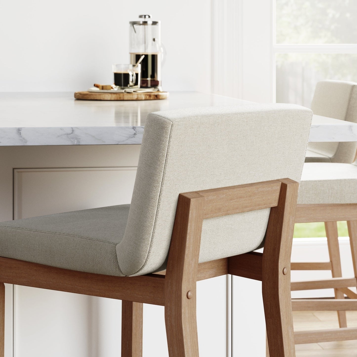 Tabouret de bar moderne Gracie, chaise rembourrée en bouclé et pieds en bois brossé