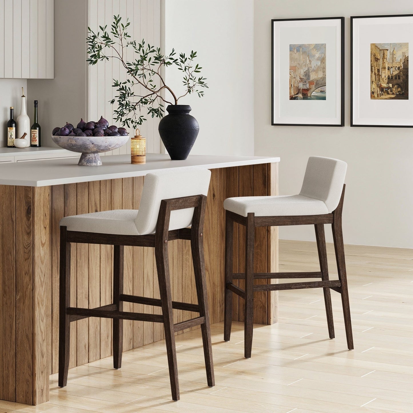 Tabouret de bar moderne Gracie, chaise rembourrée en bouclé et pieds en bois brossé