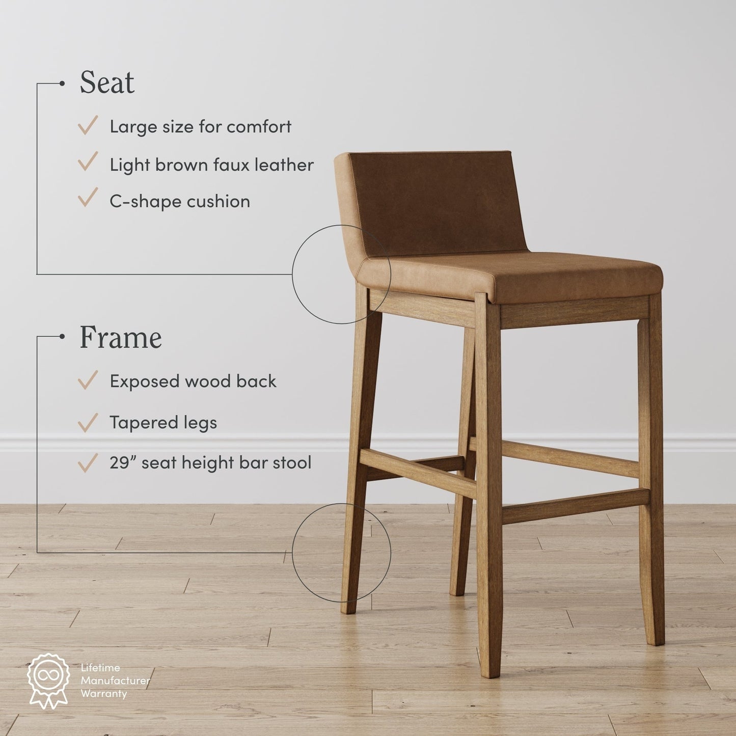 Tabouret de bar moderne Gracie, chaise rembourrée en bouclé et pieds en bois brossé
