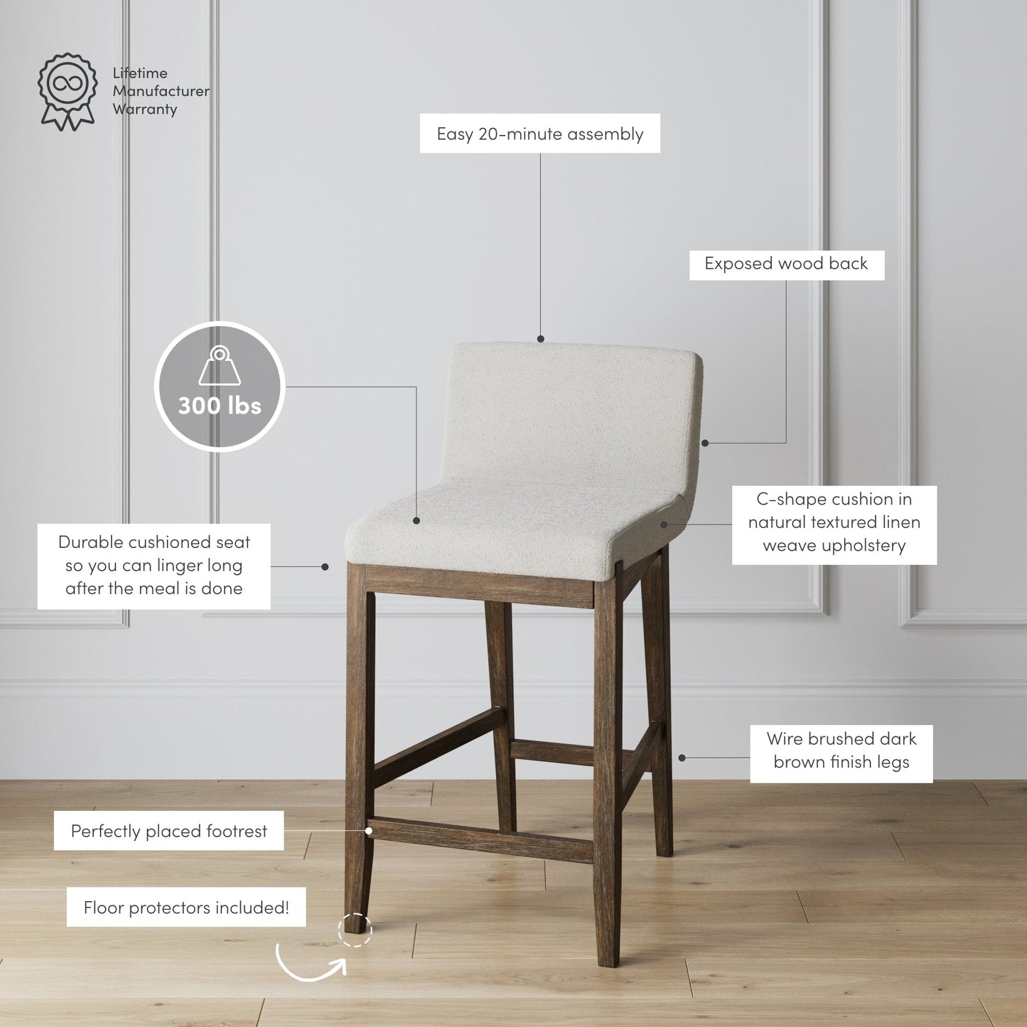 Tabouret de bar moderne Gracie, chaise rembourrée en bouclé et pieds en bois brossé