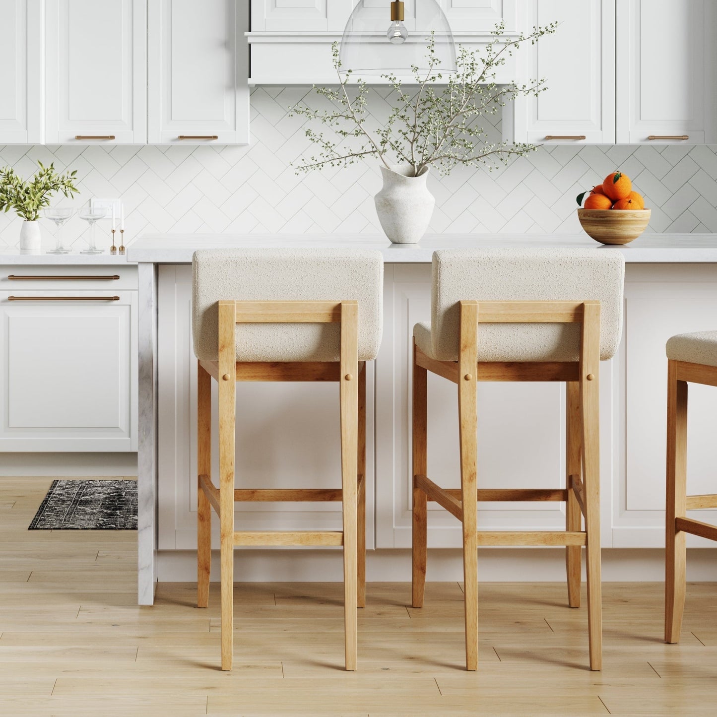Tabouret de bar moderne Gracie, chaise rembourrée en bouclé et pieds en bois brossé