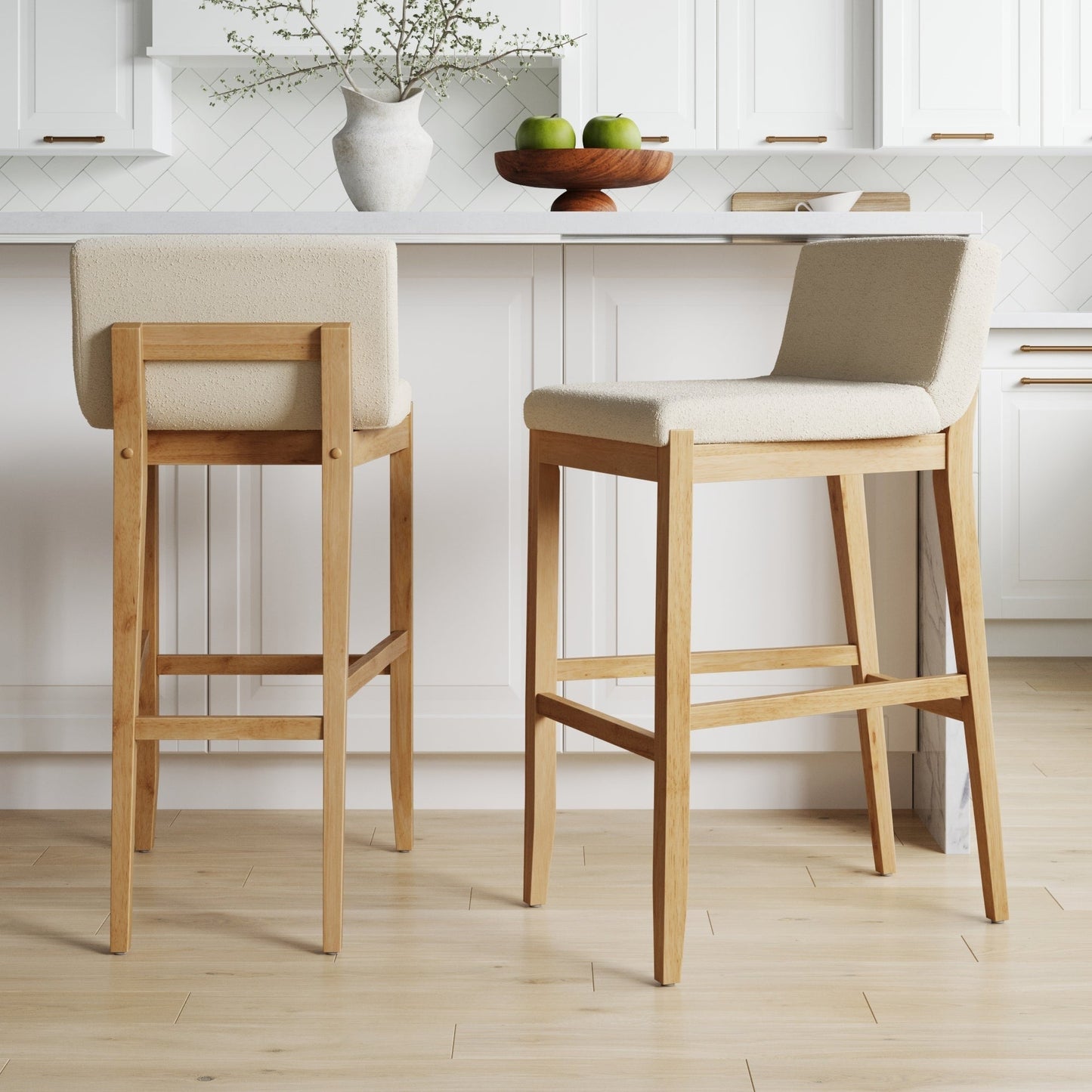 Tabouret de bar moderne Gracie, chaise rembourrée en bouclé et pieds en bois brossé