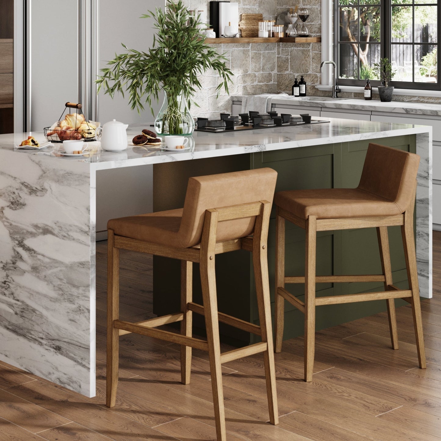 Tabouret de bar moderne Gracie, chaise rembourrée en bouclé et pieds en bois brossé