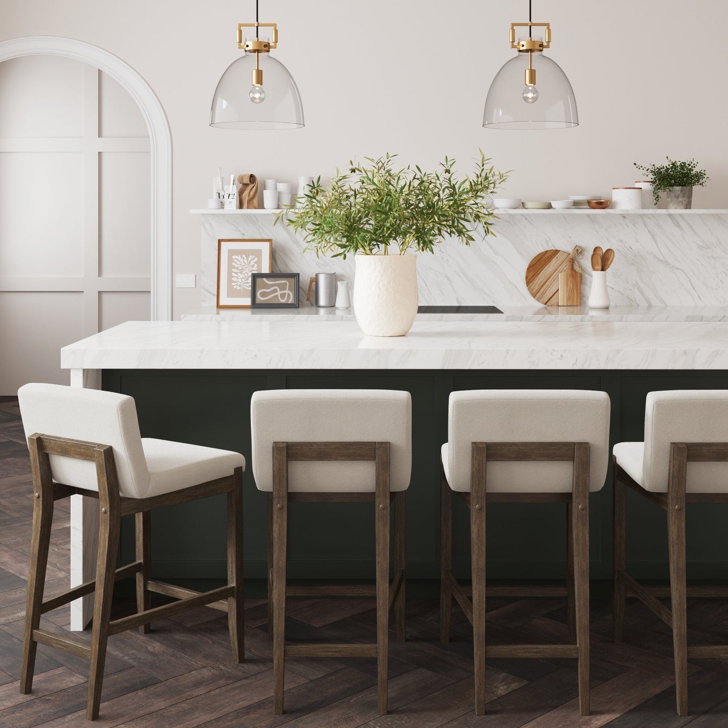Tabouret de bar moderne Gracie, chaise rembourrée en bouclé et pieds en bois brossé