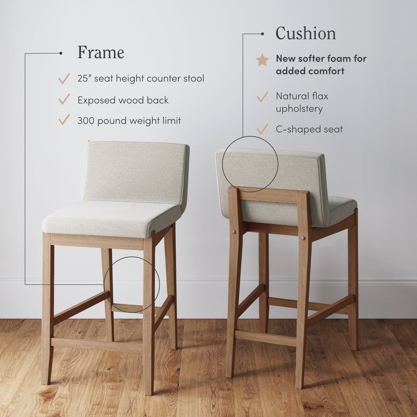 Tabouret de bar moderne Gracie, chaise rembourrée en bouclé et pieds en bois brossé
