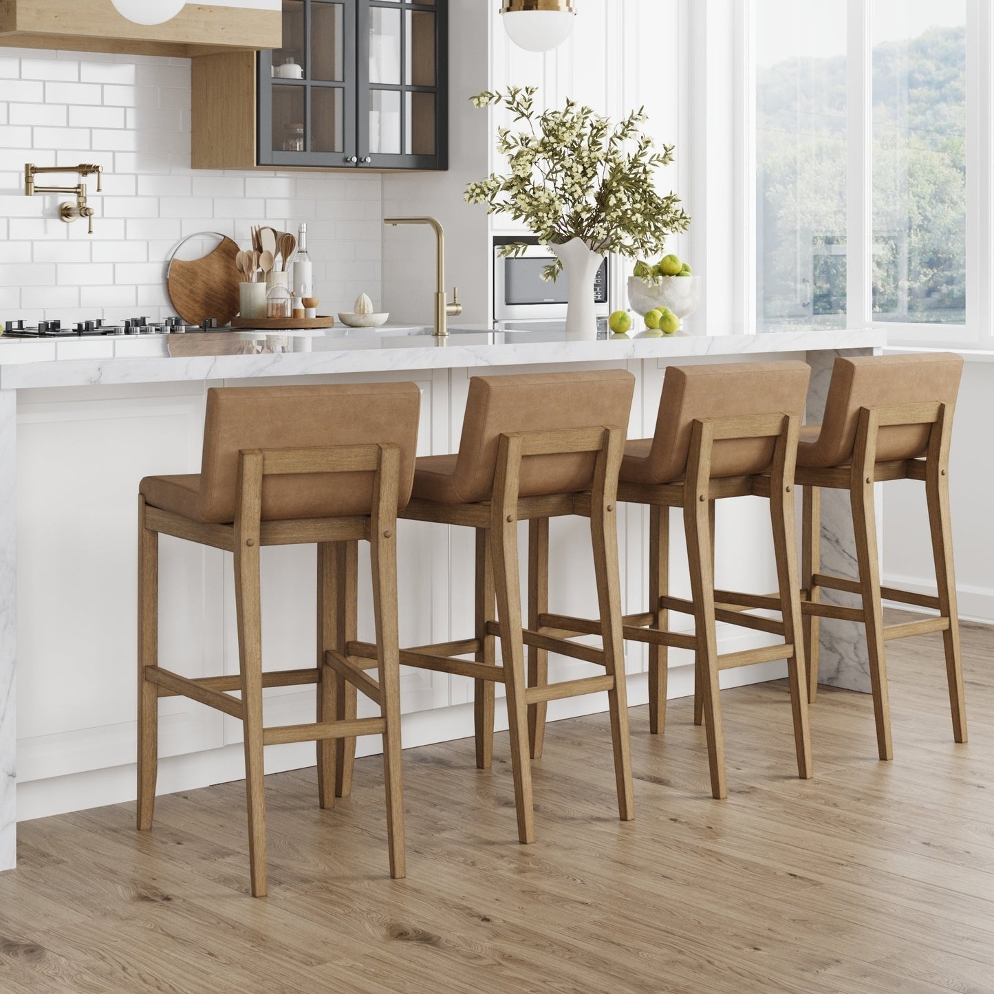 Tabouret de bar moderne Gracie, chaise rembourrée en bouclé et pieds en bois brossé