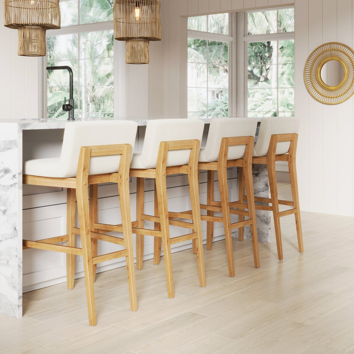 Tabouret de bar moderne Gracie, chaise rembourrée en bouclé et pieds en bois brossé