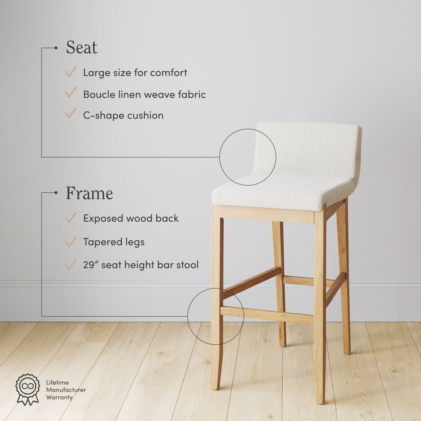 Tabouret de bar moderne Gracie, chaise rembourrée en bouclé et pieds en bois brossé
