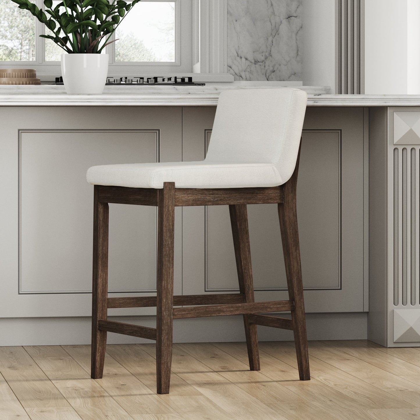 Tabouret de bar moderne Gracie, chaise rembourrée en bouclé et pieds en bois brossé