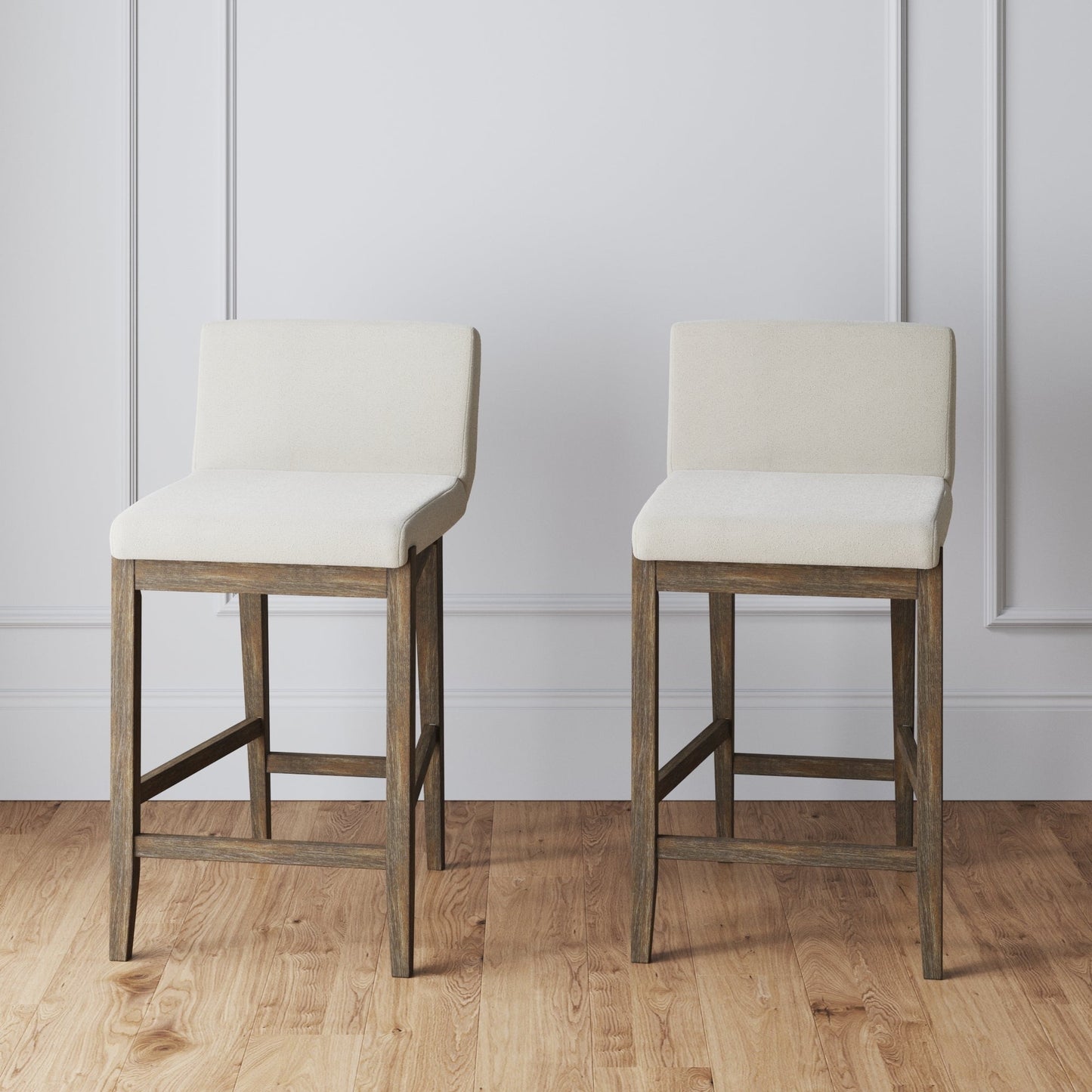 Tabouret de bar moderne Gracie, chaise rembourrée en bouclé et pieds en bois brossé