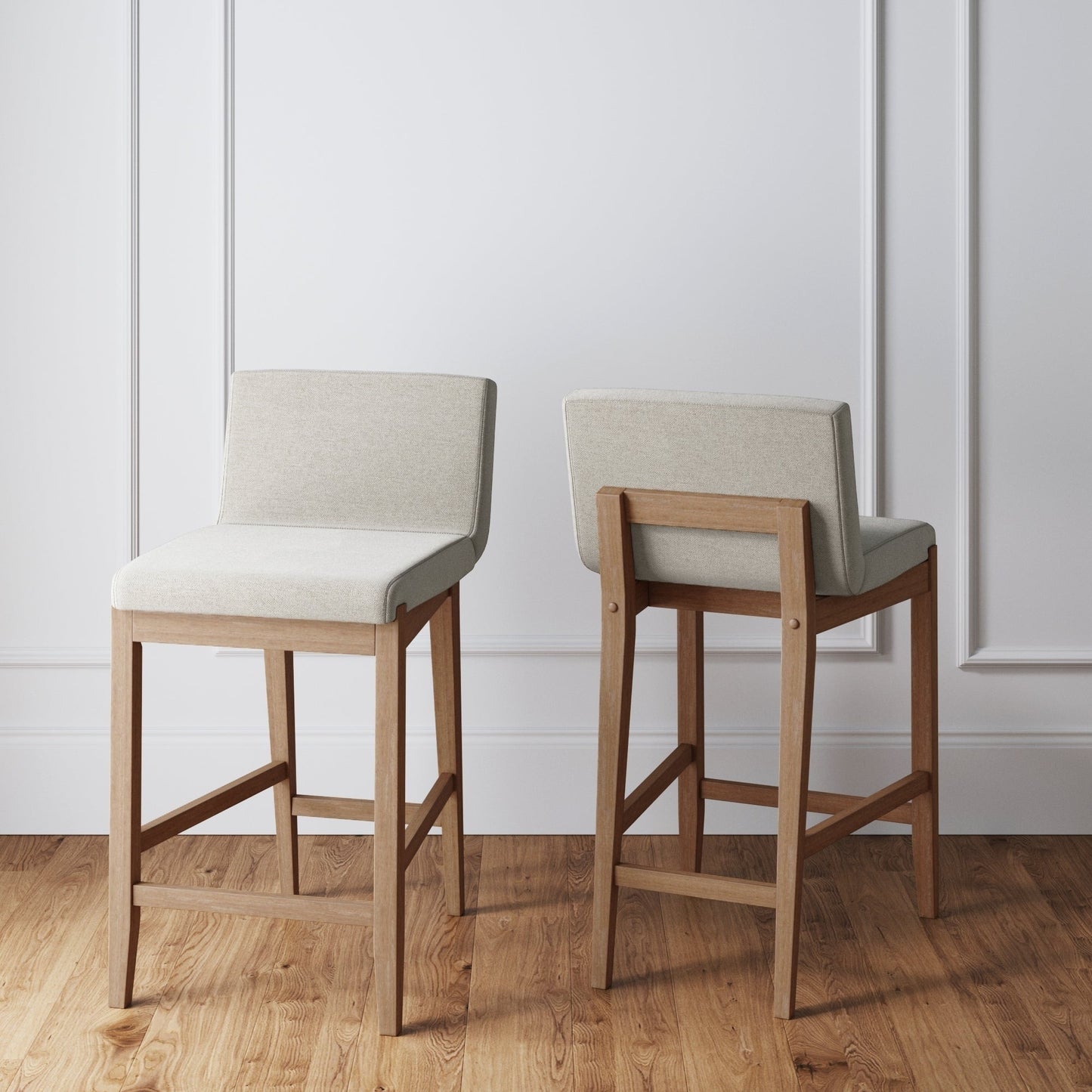 Tabouret de bar moderne Gracie, chaise rembourrée en bouclé et pieds en bois brossé