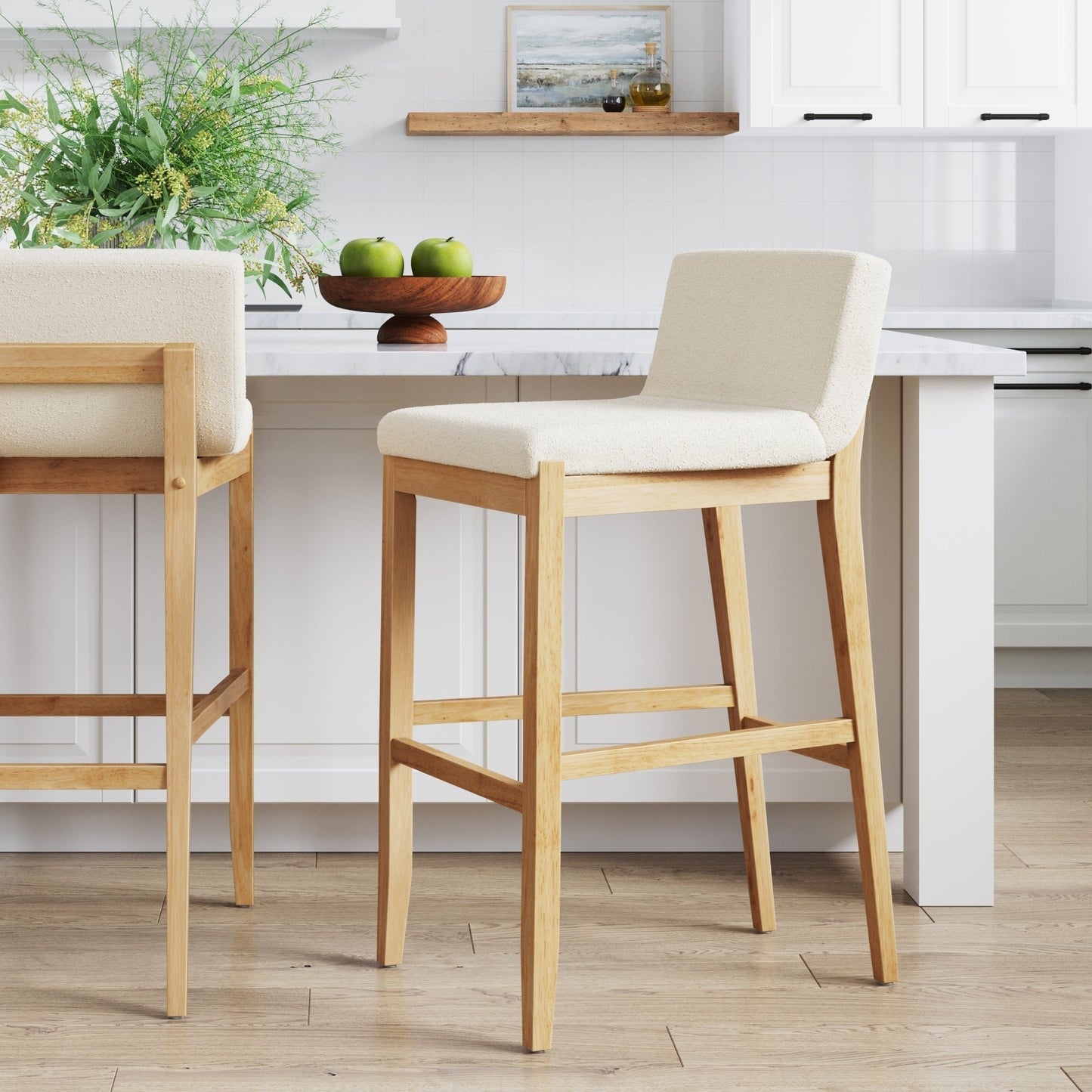 Tabouret de bar moderne Gracie, chaise rembourrée en bouclé et pieds en bois brossé