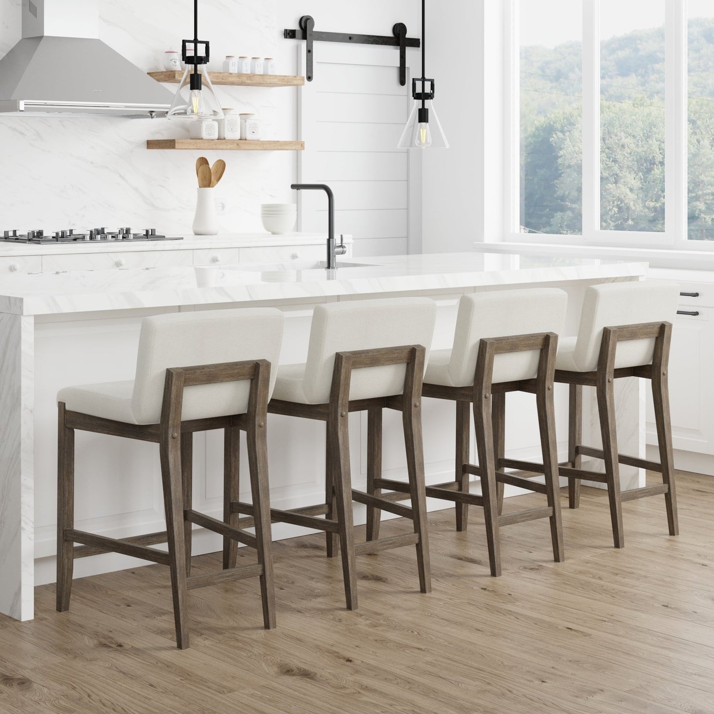 Tabouret de bar moderne Gracie, chaise rembourrée en bouclé et pieds en bois brossé