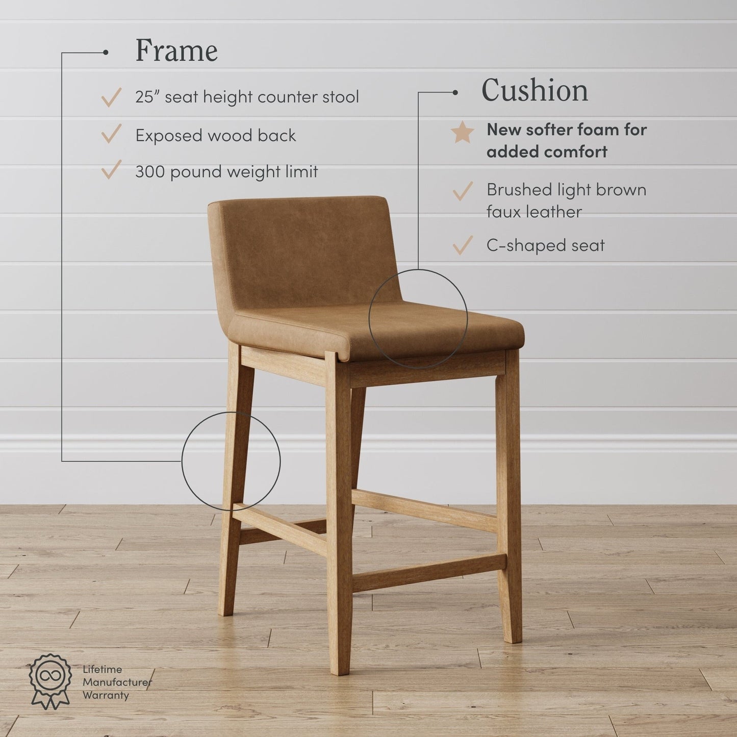 Tabouret de bar moderne Gracie, chaise rembourrée en bouclé et pieds en bois brossé