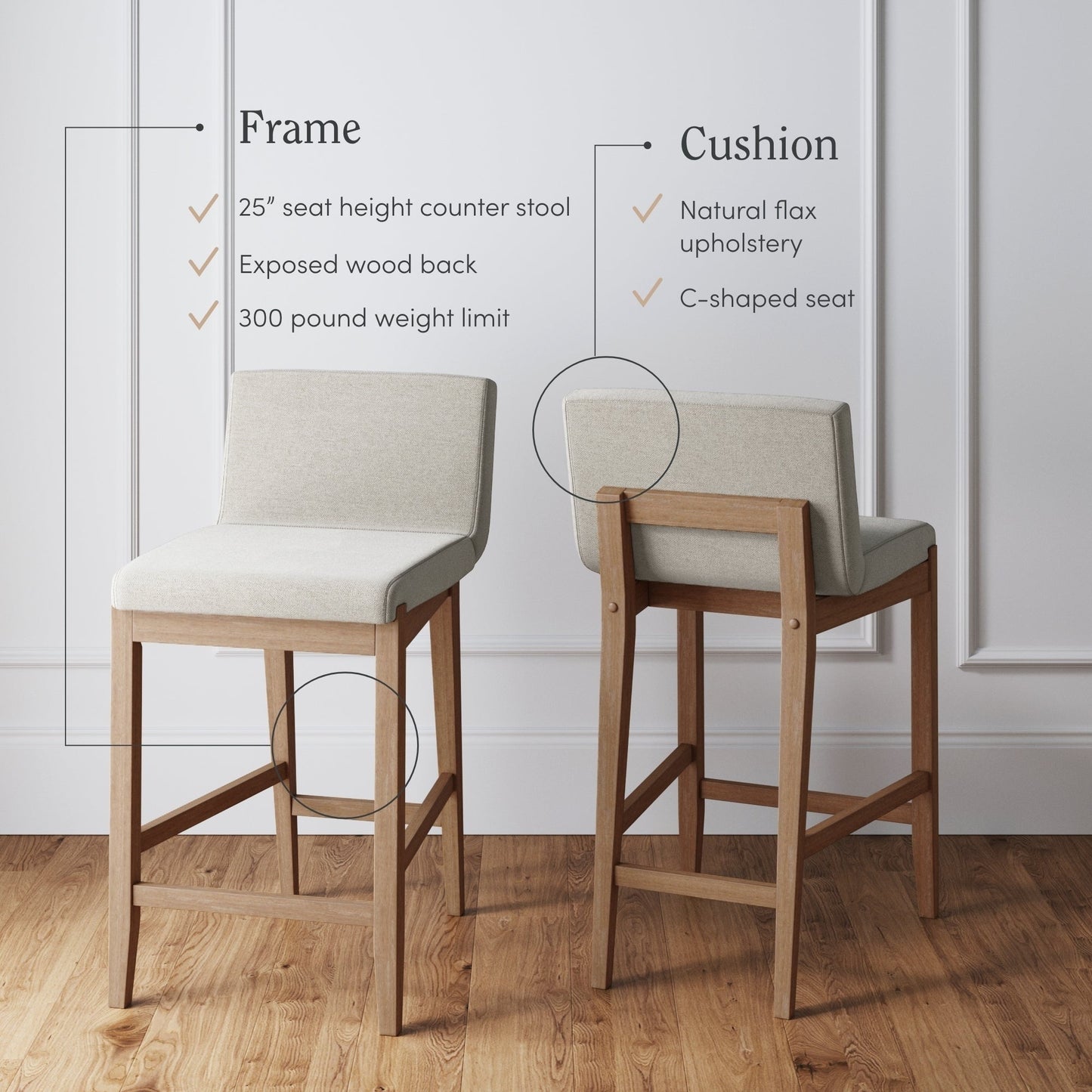 Tabouret de bar moderne Gracie, chaise rembourrée en bouclé et pieds en bois brossé