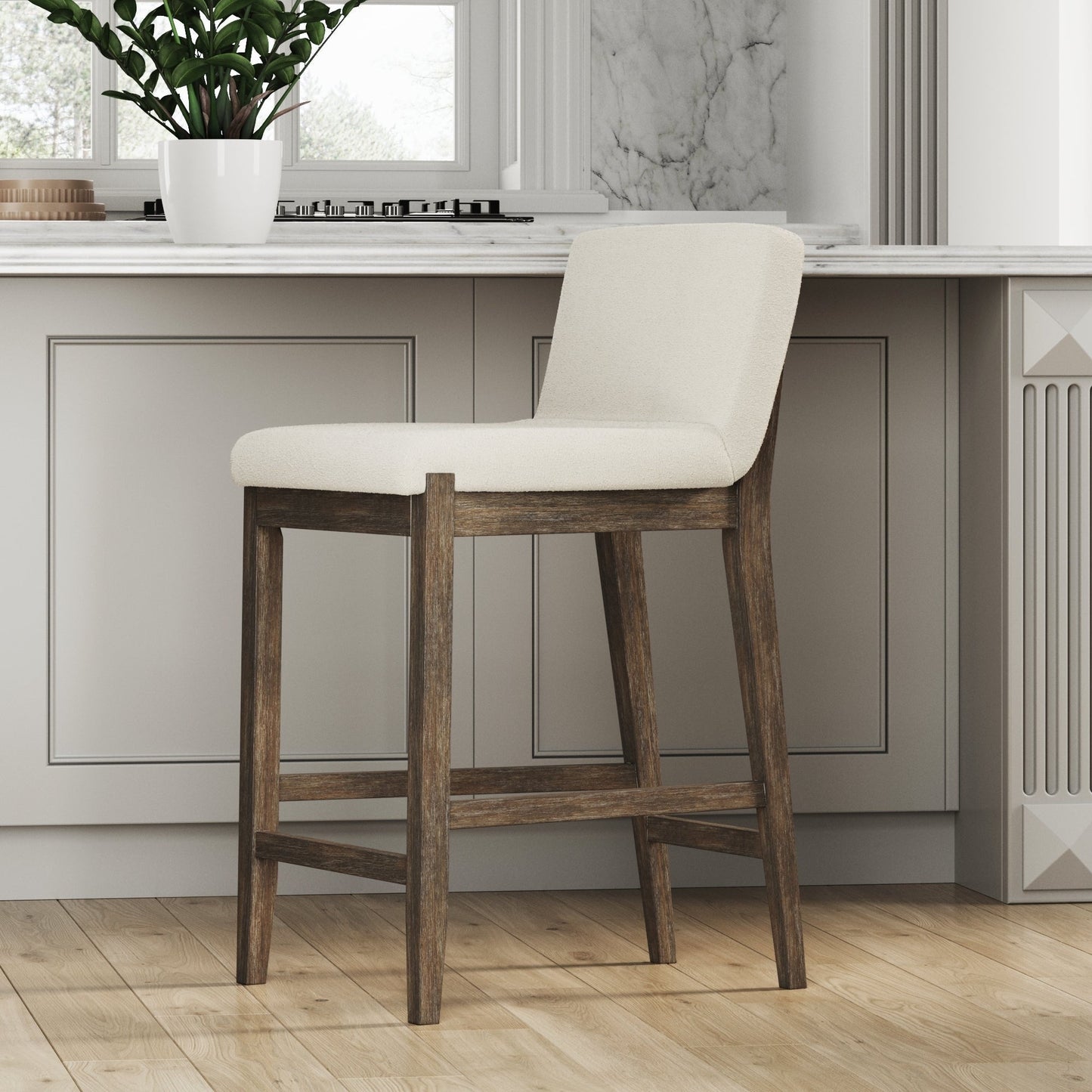 Tabouret de bar moderne Gracie, chaise rembourrée en bouclé et pieds en bois brossé