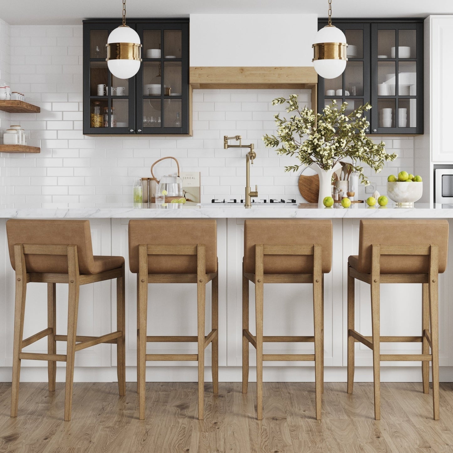 Tabouret de bar moderne Gracie, chaise rembourrée en bouclé et pieds en bois brossé