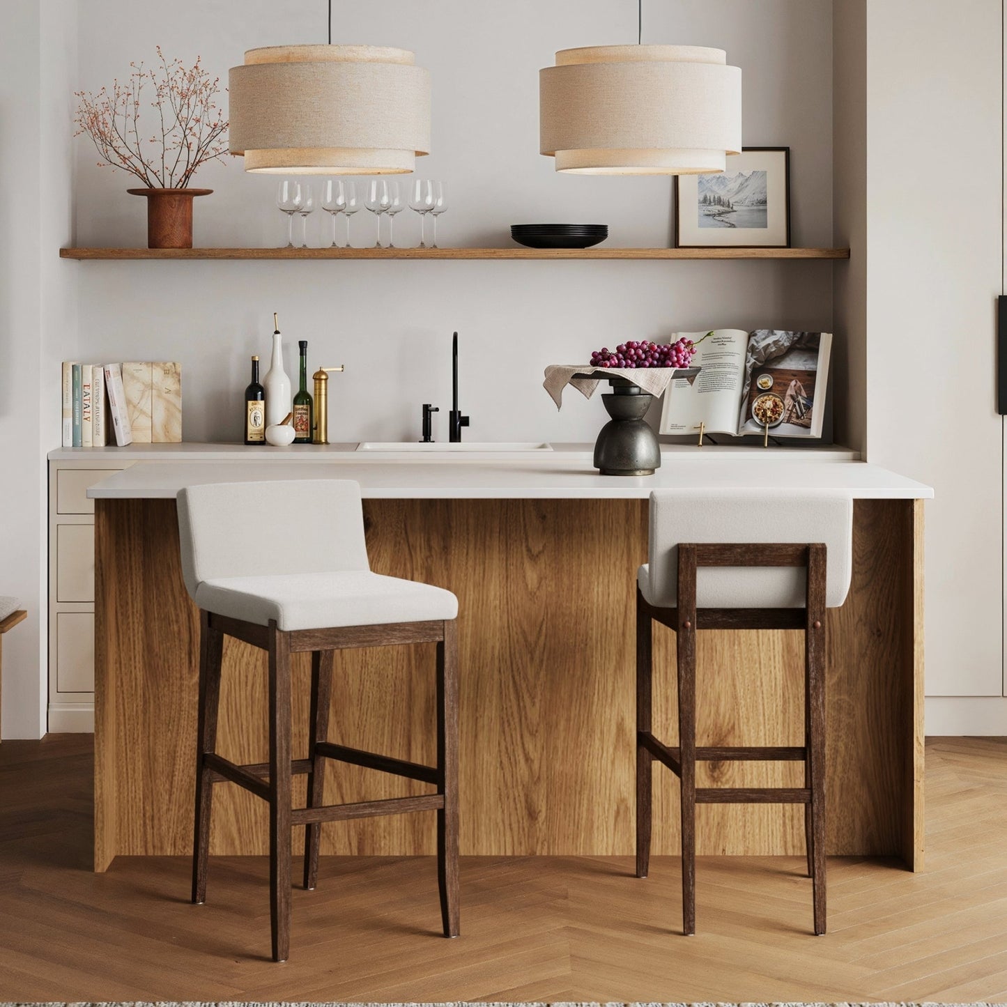 Tabouret de bar moderne Gracie, chaise rembourrée en bouclé et pieds en bois brossé